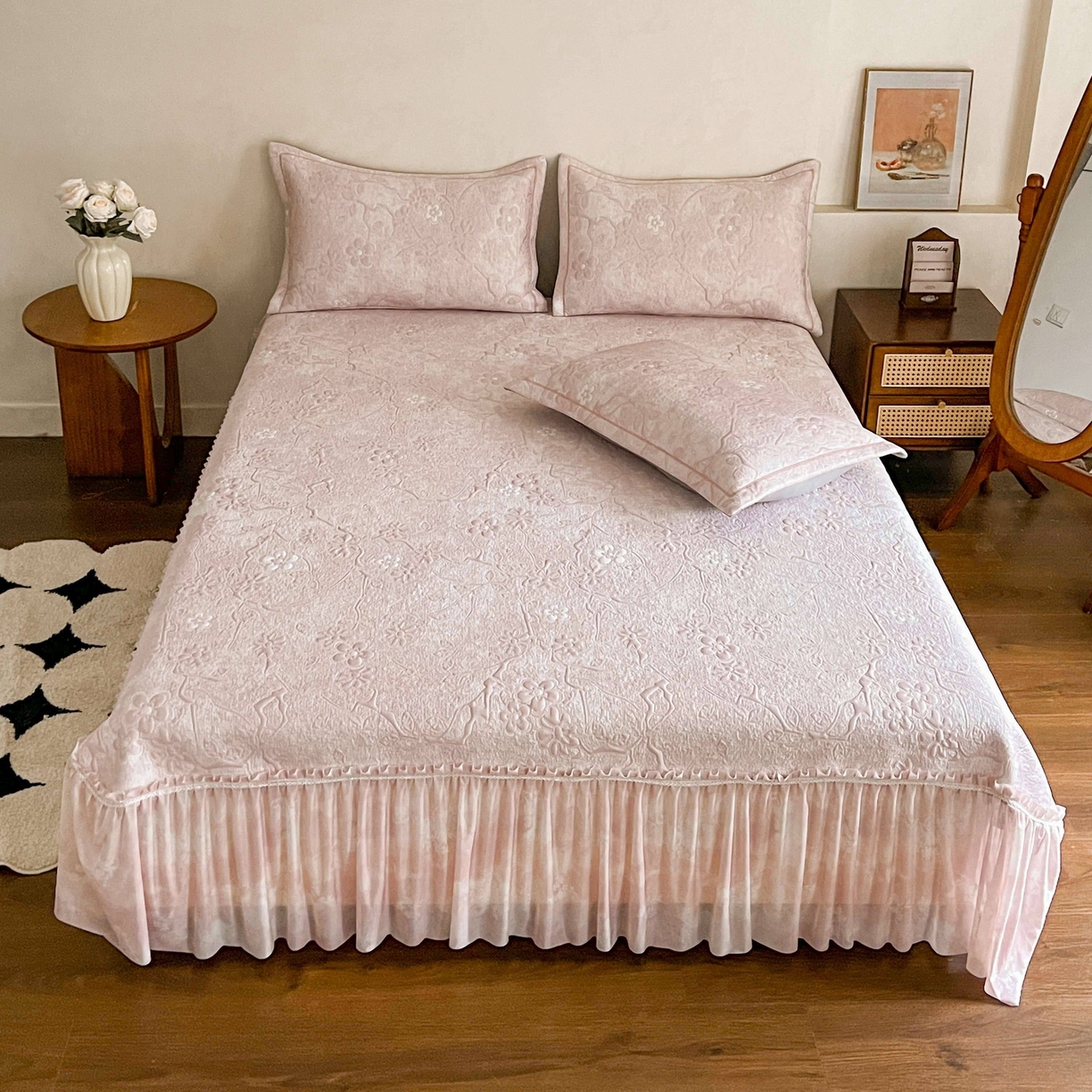 91家纺网 家纺一手货源 找家纺 宅家居 2026春夏新款PE高分子复合软提花凉席豆豆席大床裙三件套-暗香系列 暗香-豆沙