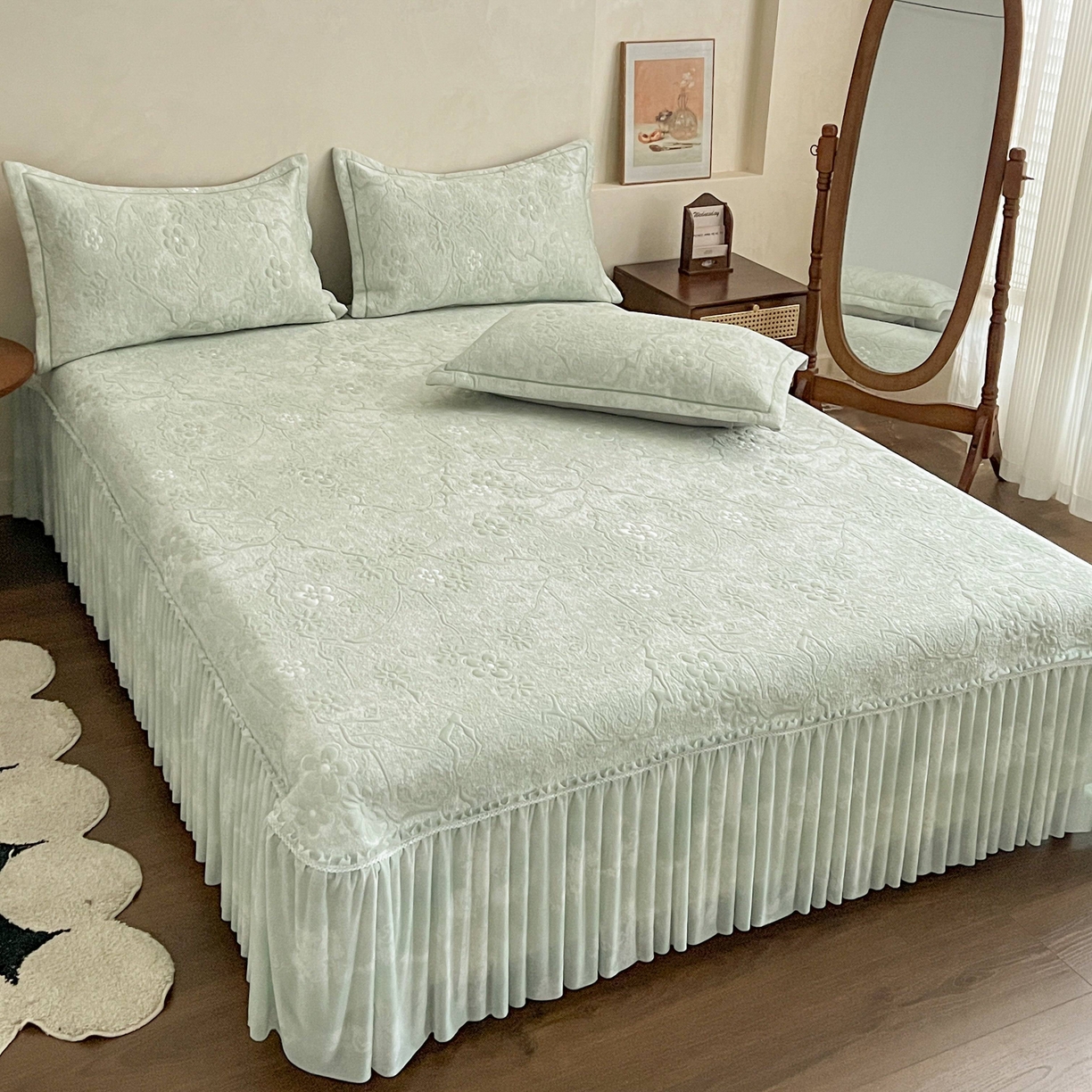 91家纺网 家纺一手货源 找家纺 宅家居 2026春夏新款PE高分子复合软提花凉席豆豆席大床裙三件套-暗香系列 暗香-绿色