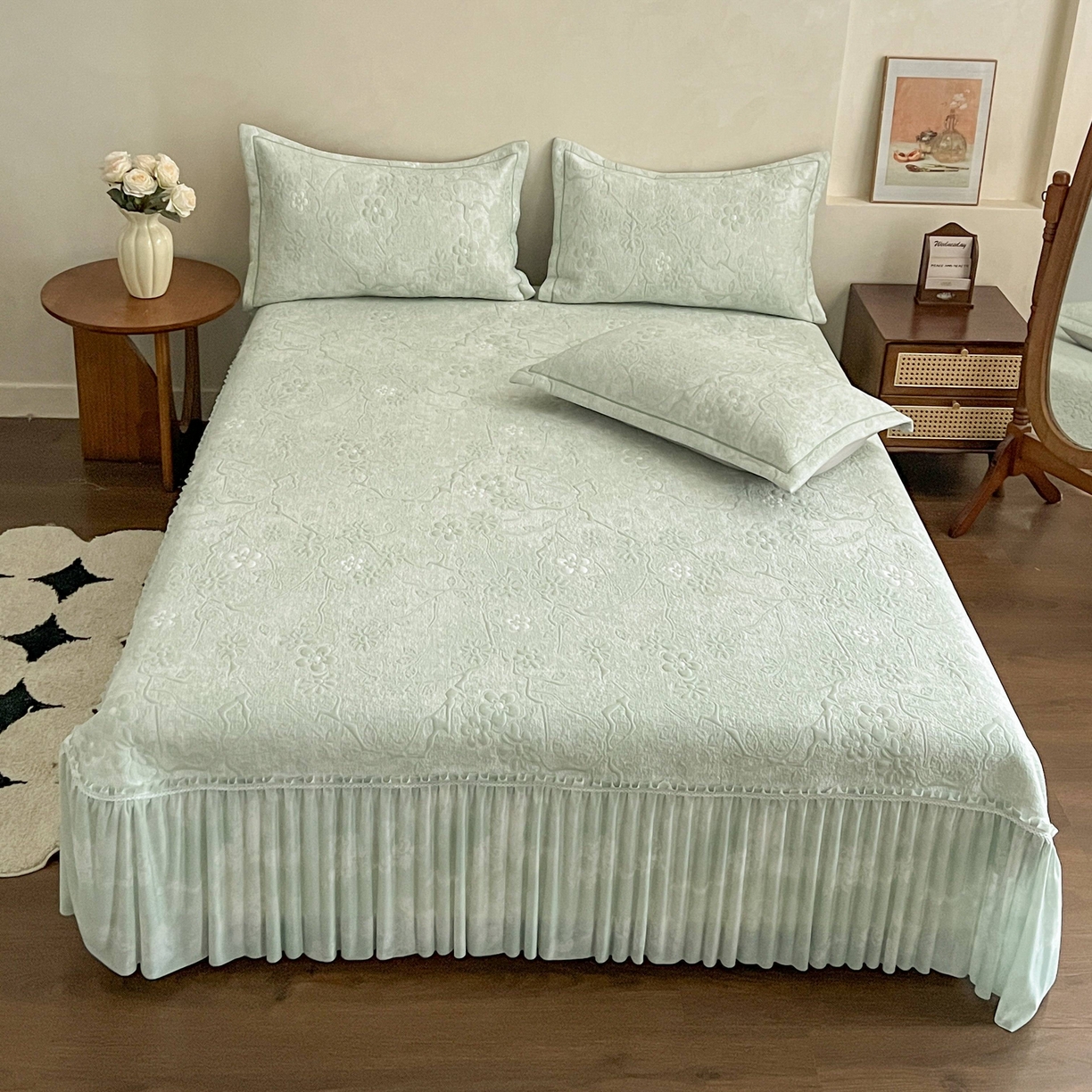 91家纺网 家纺一手货源 找家纺 宅家居 2026春夏新款PE高分子复合软提花凉席豆豆席大床裙三件套-暗香系列 暗香-绿色