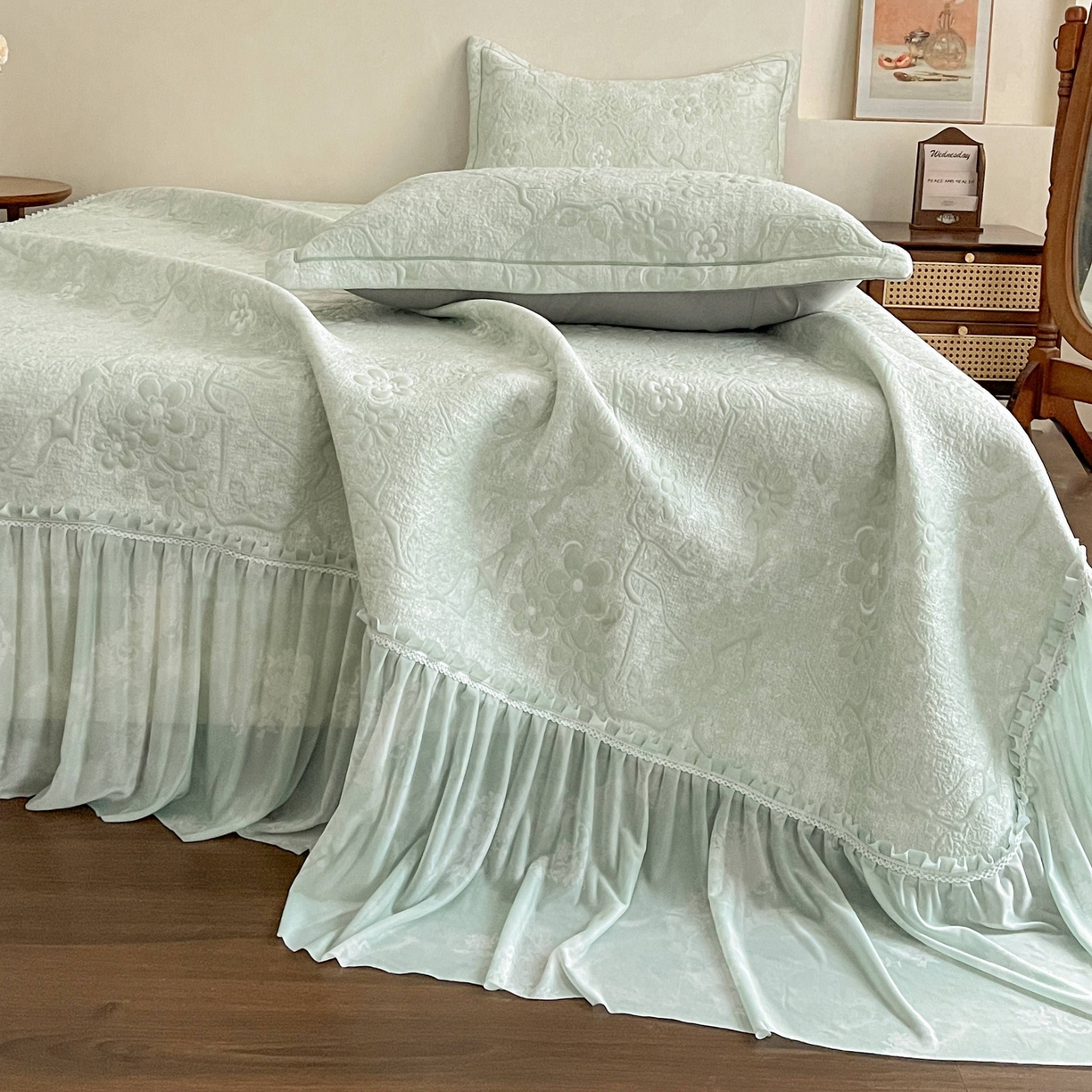 宅家居 2026春夏新款PE高分子复合软提花凉席豆豆席大床裙三件套-暗香系列 暗香-绿色