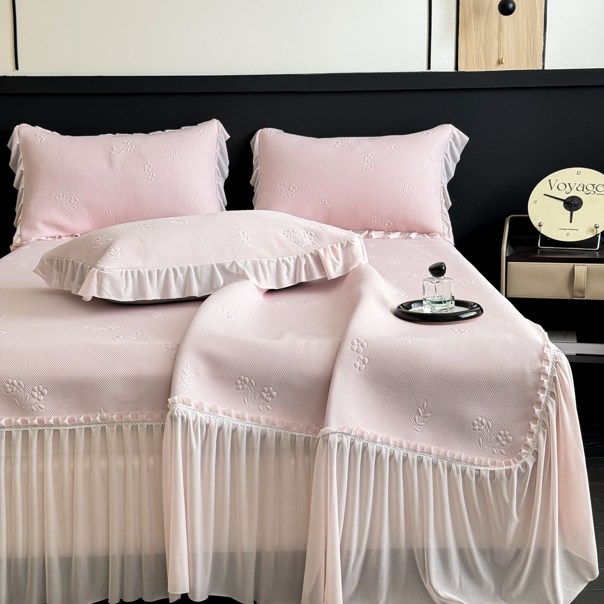 宅家居 2026春夏新款PE高分子复合软凉席豆豆席大床裙三件套-小花系列 小花-粉色