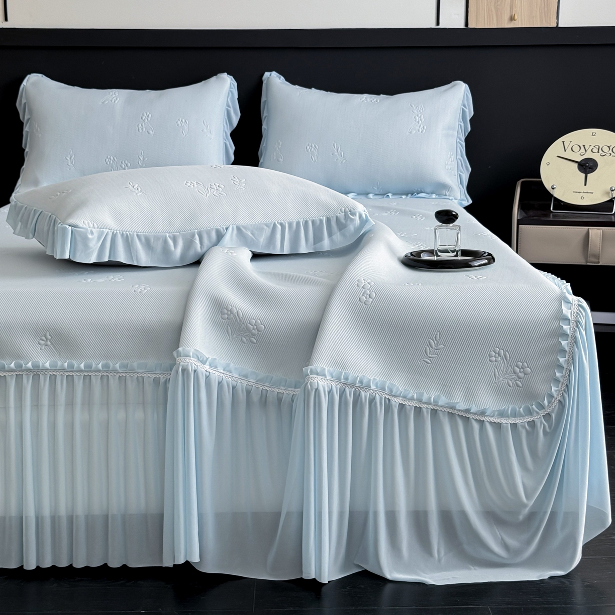 宅家居 2026春夏新款PE高分子复合软凉席豆豆席大床裙三件套-小花系列 小花-天蓝