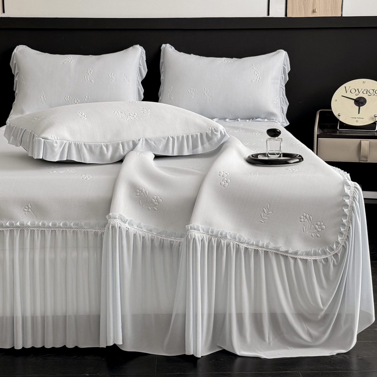 宅家居 2026春夏新款PE高分子复合软凉席豆豆席大床裙三件套-小花系列 小花-灰色