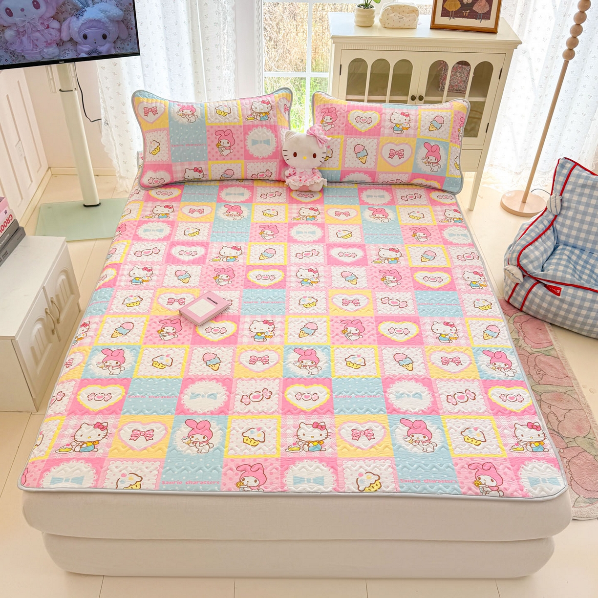 91家纺网 家纺一手货源 找家纺 博雅 2026新款三丽鸥A类仿锦氨组合小冰皮夏被夏凉被空调被凉席席子 小版-甜品格美乐蒂KT