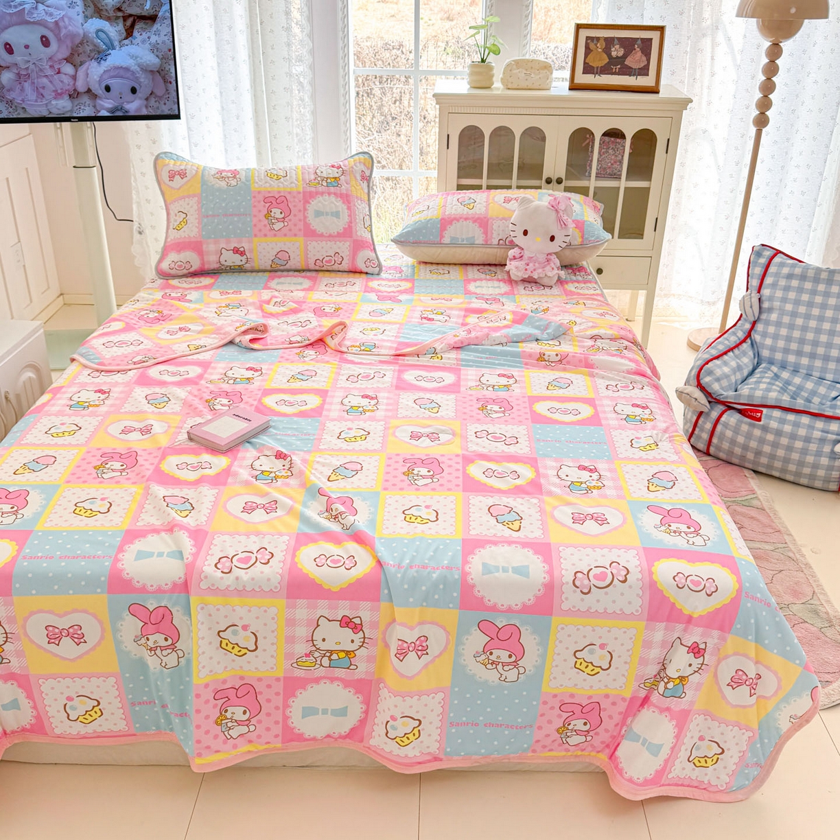 91家纺网 家纺一手货源 找家纺 博雅 2026新款三丽鸥A类仿锦氨组合小冰皮夏被夏凉被空调被凉席席子 小版-甜品格美乐蒂KT