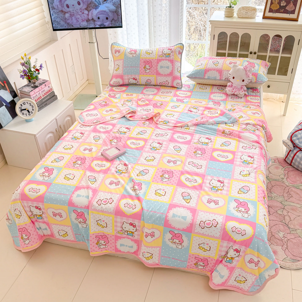 91家纺网 家纺一手货源 找家纺 博雅 2026新款三丽鸥A类仿锦氨组合小冰皮夏被夏凉被空调被凉席席子 小版-甜品格美乐蒂KT