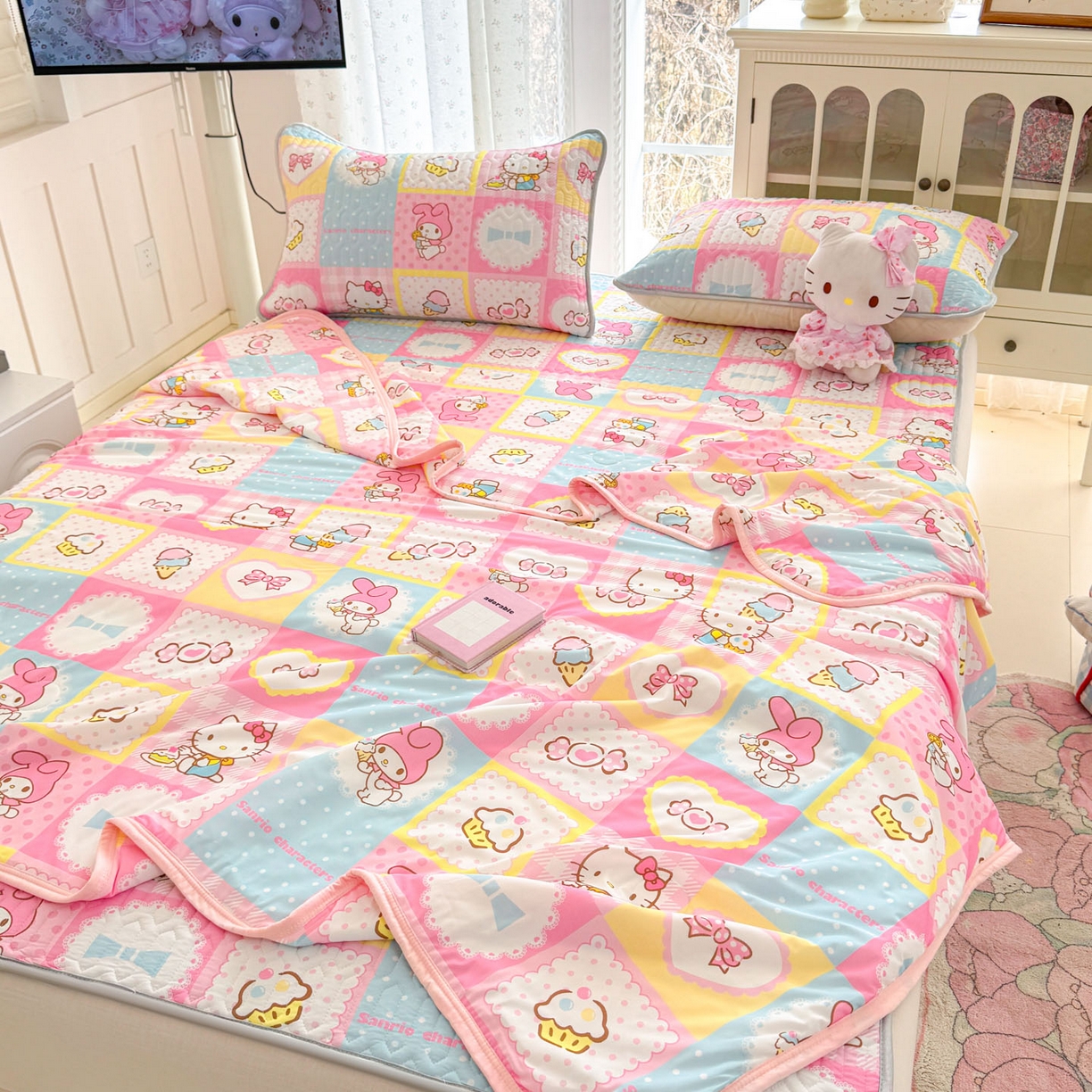 91家纺网 家纺一手货源 找家纺 博雅 2026新款三丽鸥A类仿锦氨组合小冰皮夏被夏凉被空调被凉席席子 小版-甜品格美乐蒂KT