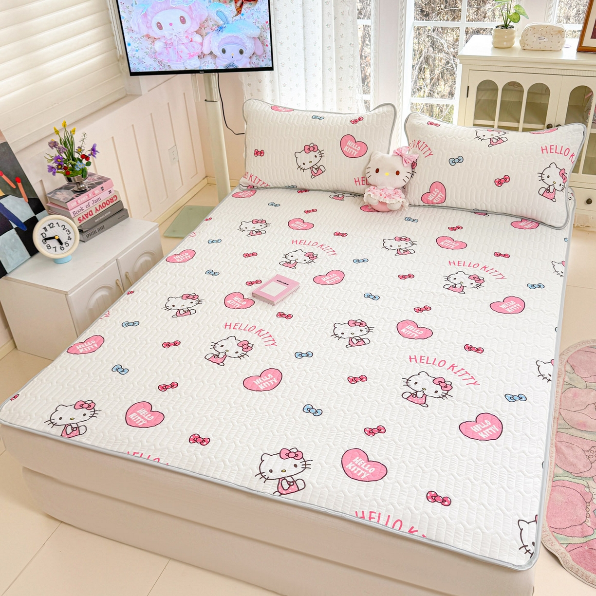 91家纺网 家纺一手货源 找家纺 博雅 2026新款三丽鸥A类仿锦氨组合小冰皮夏被夏凉被空调被凉席席子 小版-爱心KT