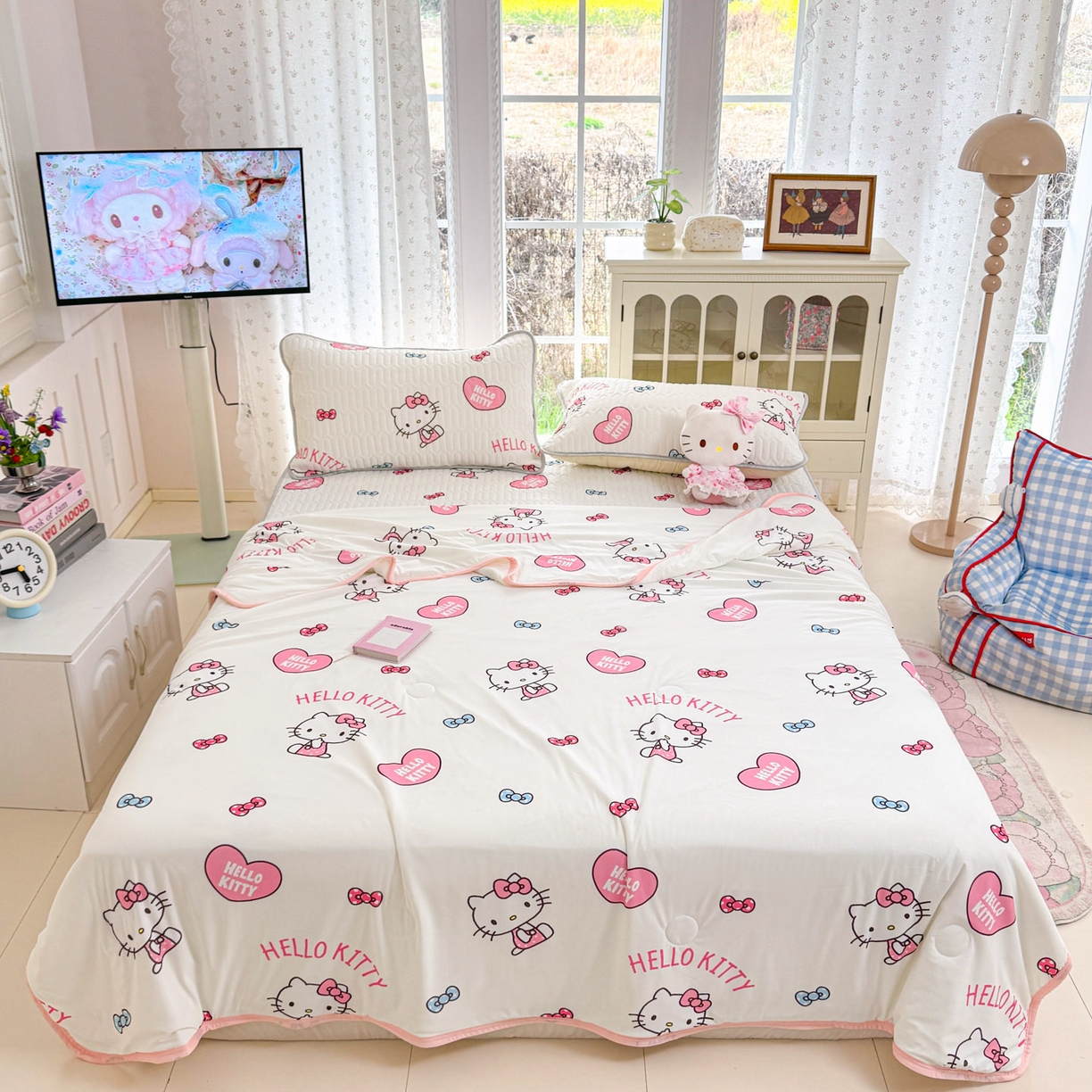 91家纺网 家纺一手货源 找家纺 博雅 2026新款三丽鸥A类仿锦氨组合小冰皮夏被夏凉被空调被凉席席子 小版-爱心KT