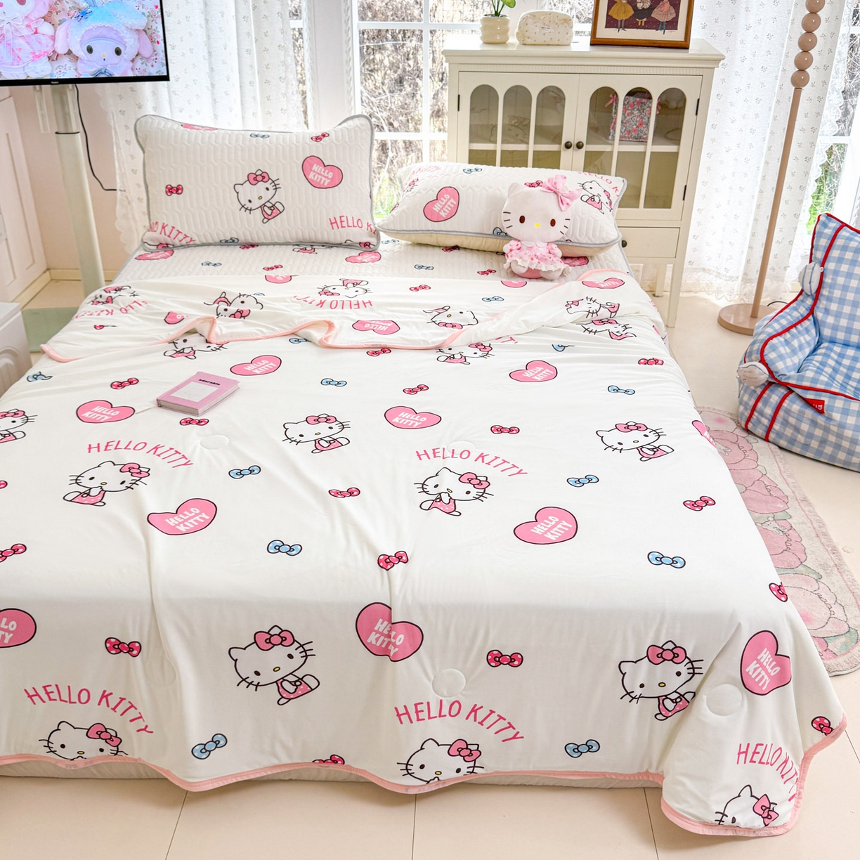 91家纺网 家纺一手货源 找家纺 博雅 2026新款三丽鸥A类仿锦氨组合小冰皮夏被夏凉被空调被凉席席子 小版-爱心KT