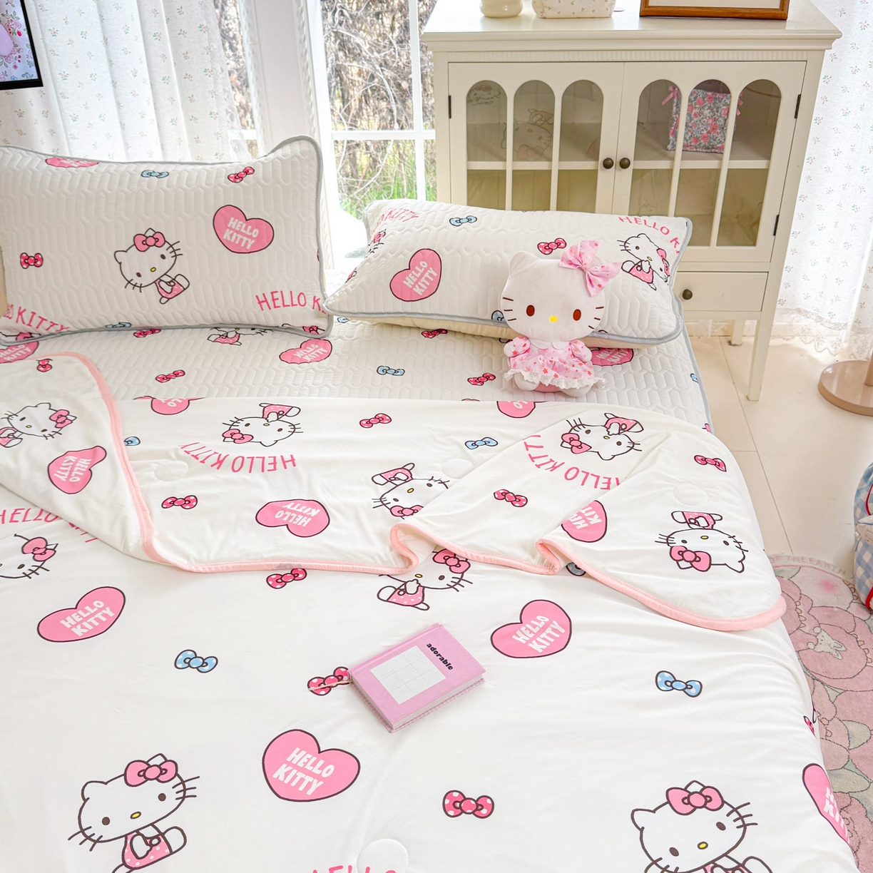 91家纺网 家纺一手货源 找家纺 博雅 2026新款三丽鸥A类仿锦氨组合小冰皮夏被夏凉被空调被凉席席子 小版-爱心KT