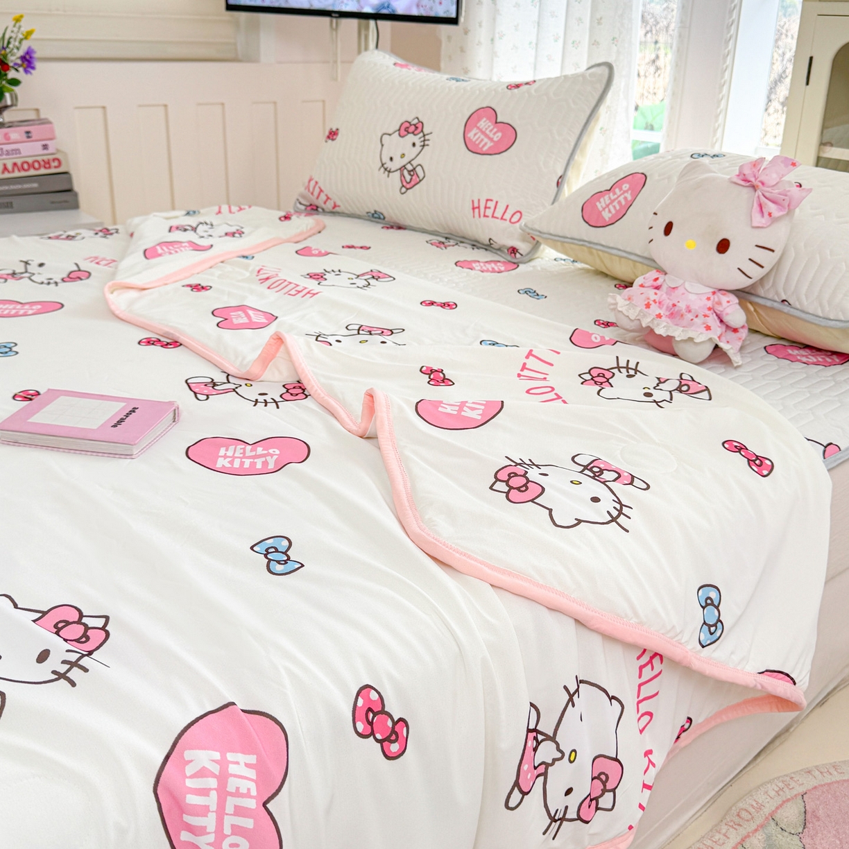 91家纺网 家纺一手货源 找家纺 博雅 2026新款三丽鸥A类仿锦氨组合小冰皮夏被夏凉被空调被凉席席子 小版-爱心KT