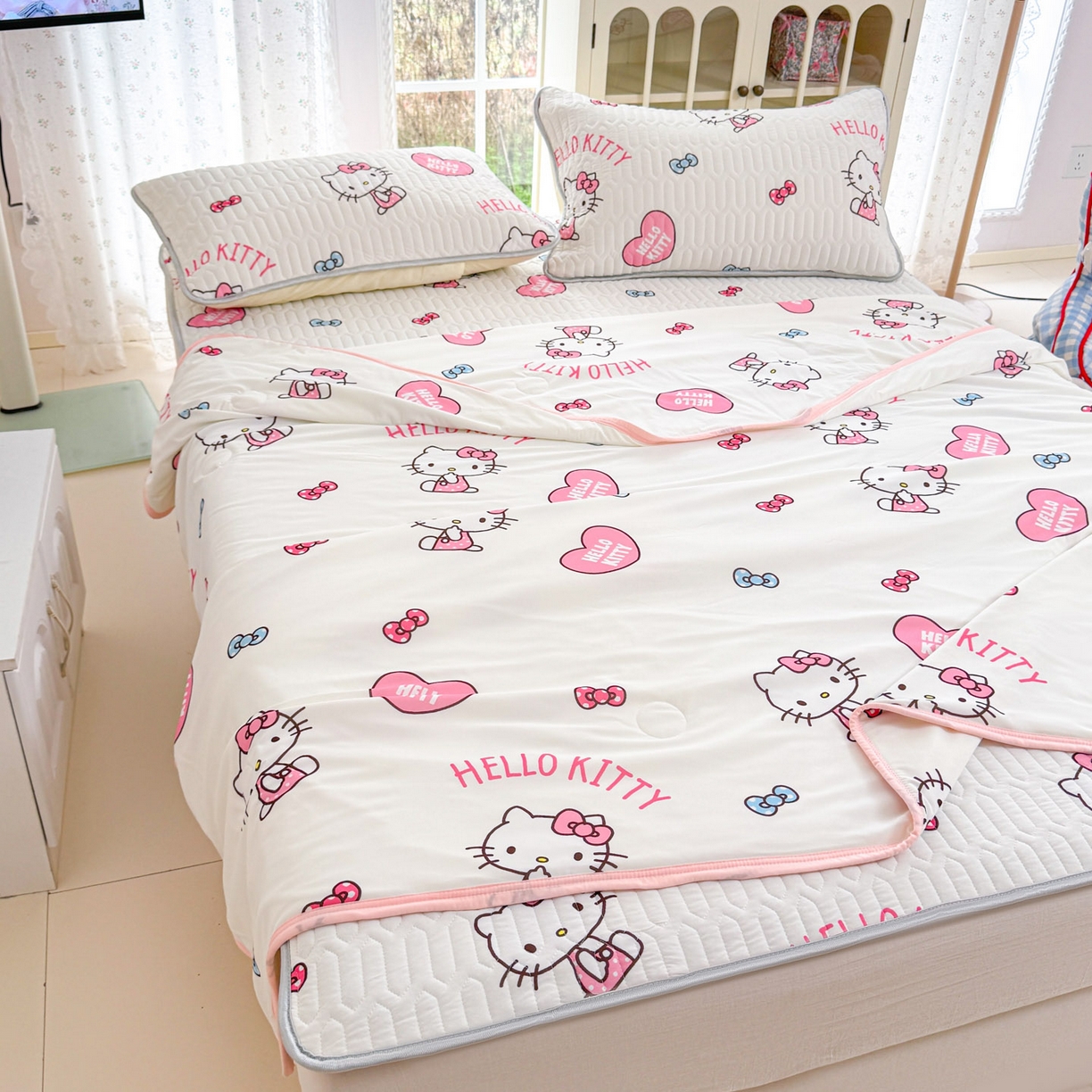 91家纺网 家纺一手货源 找家纺 博雅 2026新款三丽鸥A类仿锦氨组合小冰皮夏被夏凉被空调被凉席席子 小版-爱心KT