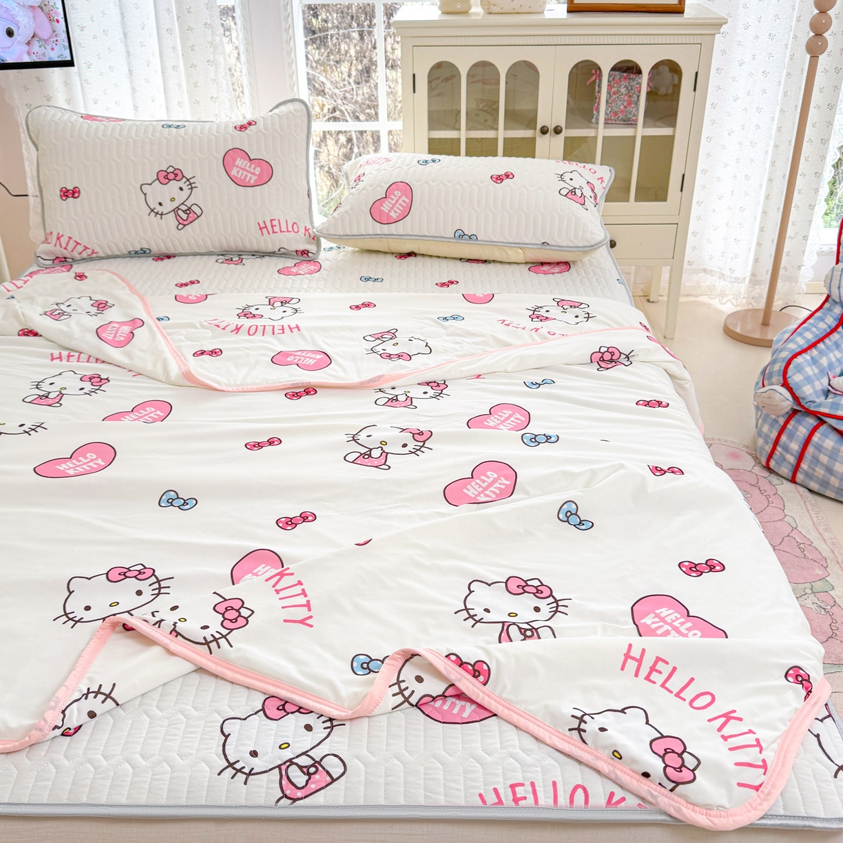 91家纺网 家纺一手货源 找家纺 博雅 2026新款三丽鸥A类仿锦氨组合小冰皮夏被夏凉被空调被凉席席子 小版-爱心KT