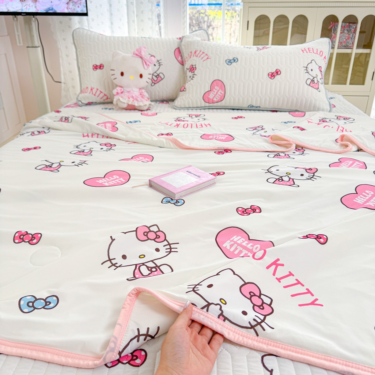 91家纺网 家纺一手货源 找家纺 博雅 2026新款三丽鸥A类仿锦氨组合小冰皮夏被夏凉被空调被凉席席子 小版-爱心KT