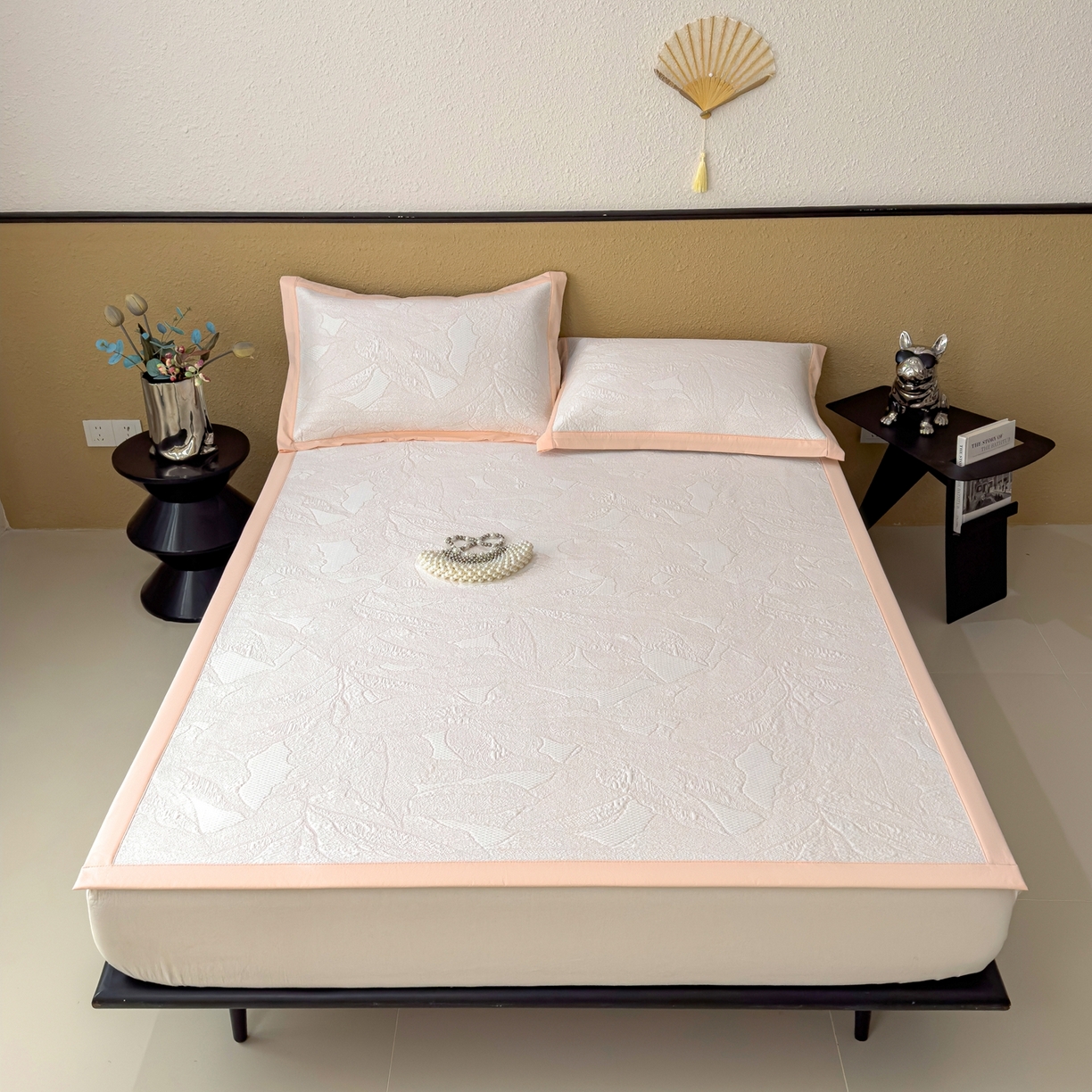 91家纺网 家纺一手货源 找家纺 耀悦家纺 2026年新款乙纶华夫格冰丝凉席床笠款ins风轻奢简约风凉席席子 家大叶大-贝壳粉-床席款