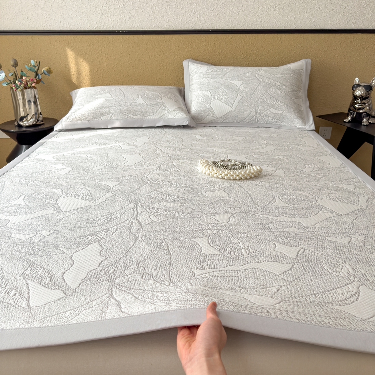 91家纺网 家纺一手货源 找家纺 耀悦家纺 2026年新款乙纶华夫格冰丝凉席床笠款ins风轻奢简约风凉席席子 家大叶大-沥青浅灰-床席款