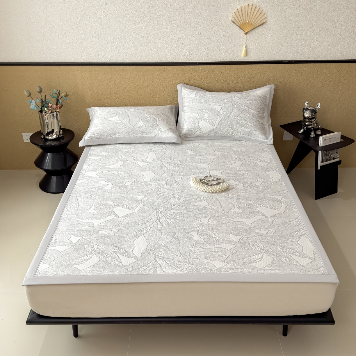 91家纺网 家纺一手货源 找家纺 耀悦家纺 2026年新款乙纶华夫格冰丝凉席床笠款ins风轻奢简约风凉席席子 家大叶大-沥青浅灰-床席款