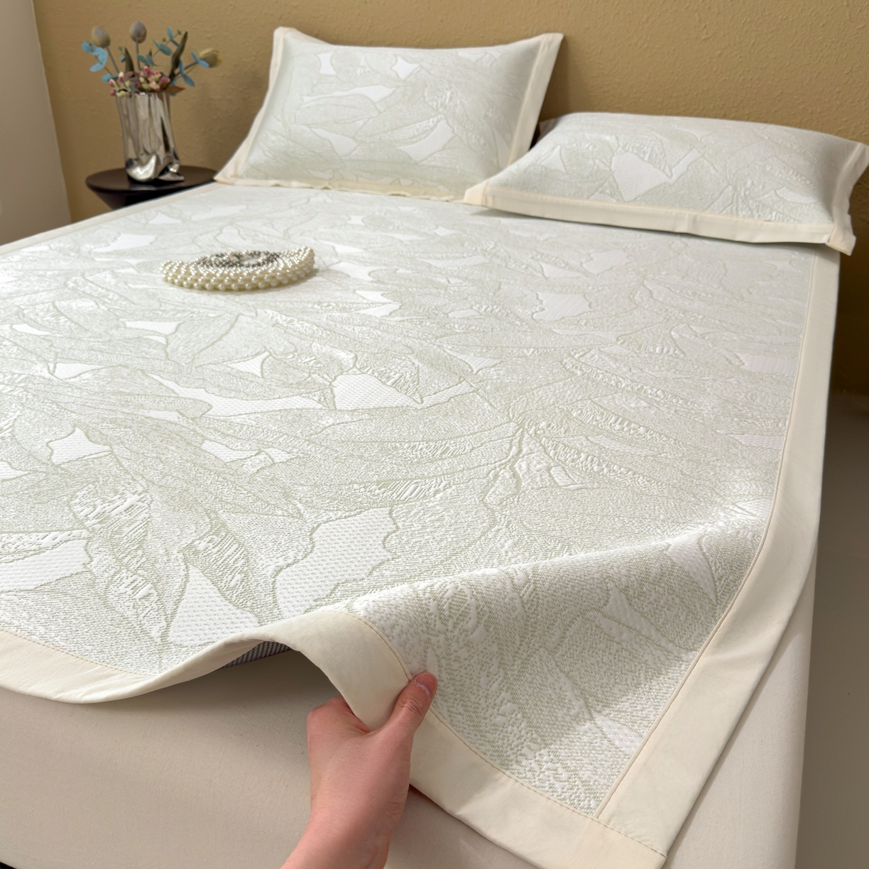 耀悦家纺 2026年新款乙纶华夫格冰丝凉席床笠款ins风轻奢简约风凉席席子 家大叶大-松果绿-床席款