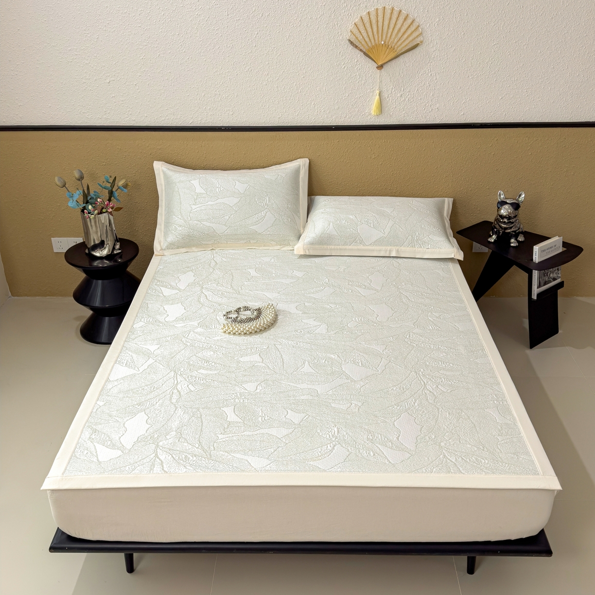 91家纺网 家纺一手货源 找家纺 耀悦家纺 2026年新款乙纶华夫格冰丝凉席床笠款ins风轻奢简约风凉席席子 家大叶大-松果绿-床席款