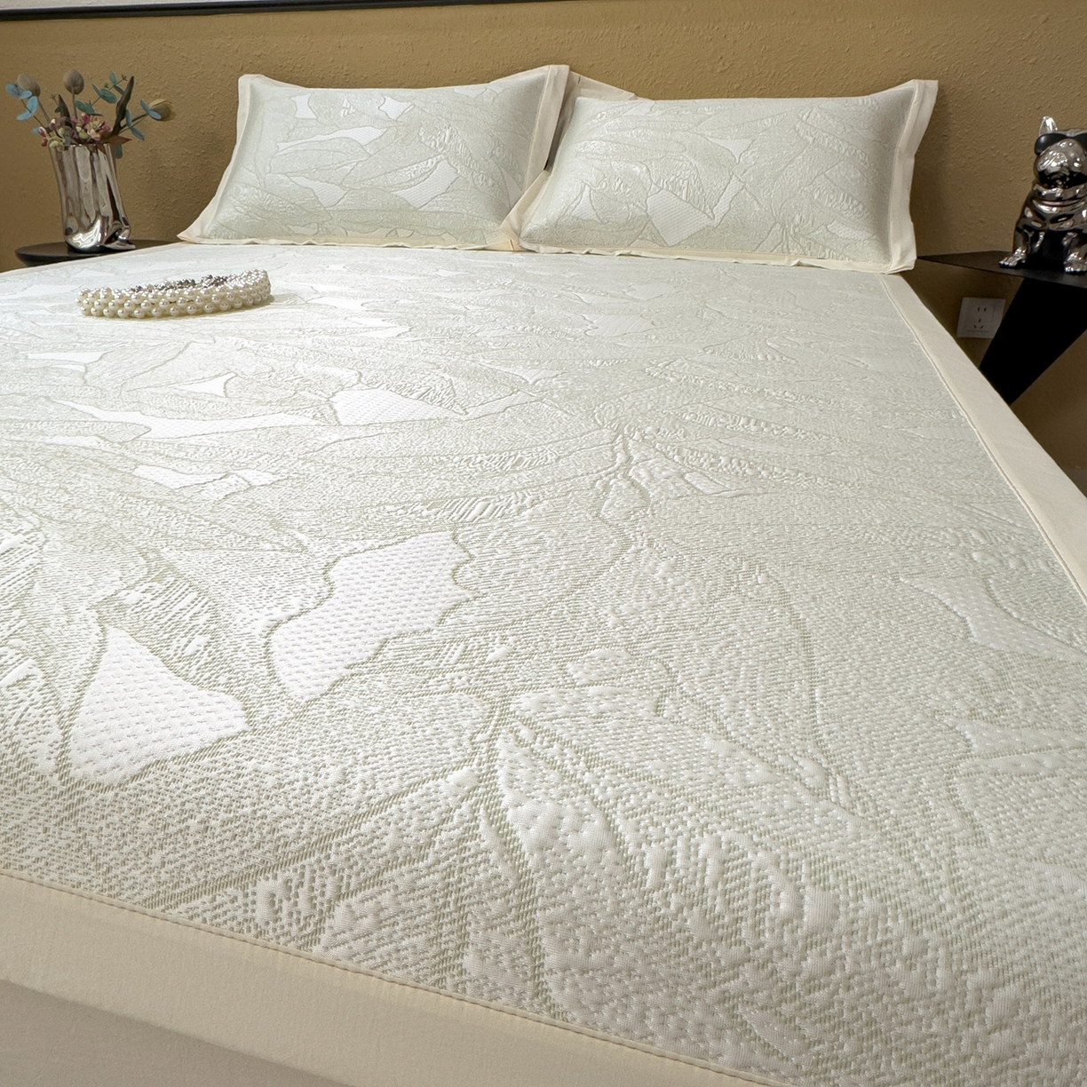 91家纺网 家纺一手货源 找家纺 耀悦家纺 2026年新款乙纶华夫格冰丝凉席床笠款ins风轻奢简约风凉席席子 家大叶大-松果绿-床席款