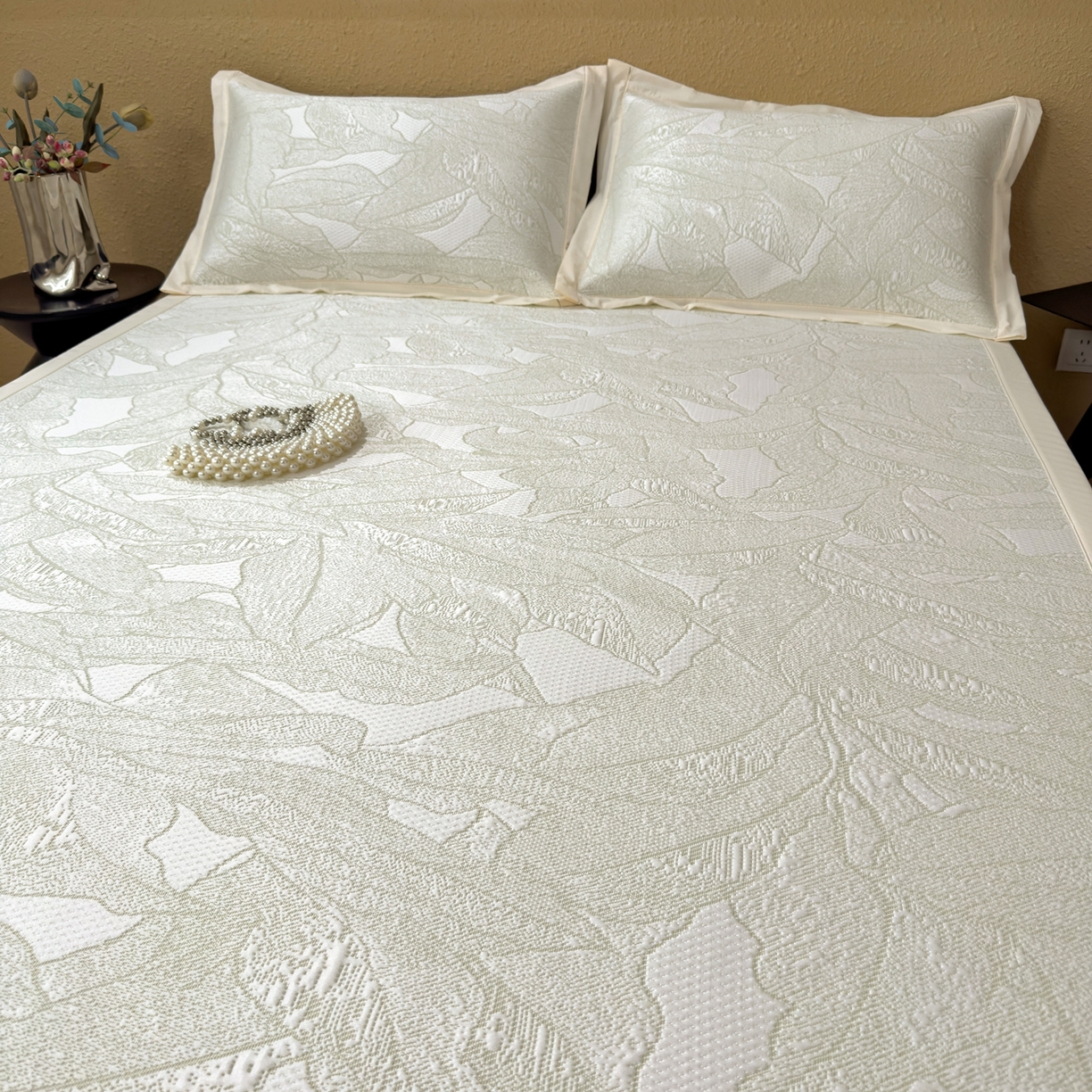 91家纺网 家纺一手货源 找家纺 耀悦家纺 2026年新款乙纶华夫格冰丝凉席床笠款ins风轻奢简约风凉席席子 家大叶大-松果绿-床席款