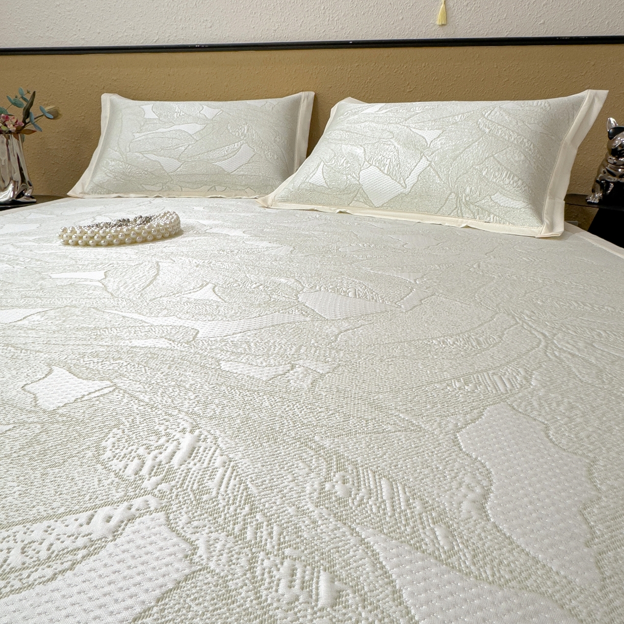 91家纺网 家纺一手货源 找家纺 耀悦家纺 2026年新款乙纶华夫格冰丝凉席床笠款ins风轻奢简约风凉席席子 家大叶大-松果绿-床席款