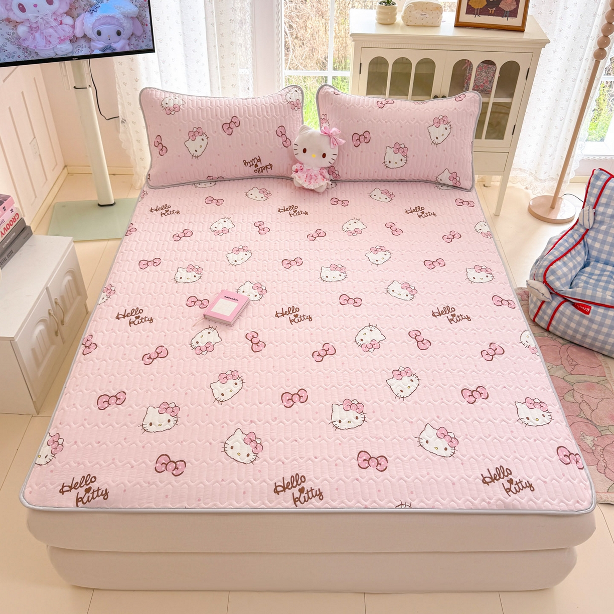 91家纺网 家纺一手货源 找家纺 博雅 2026新款三丽鸥A类仿锦氨组合小冰皮夏被夏凉被空调被凉席席子 小版-蝴蝶结KT