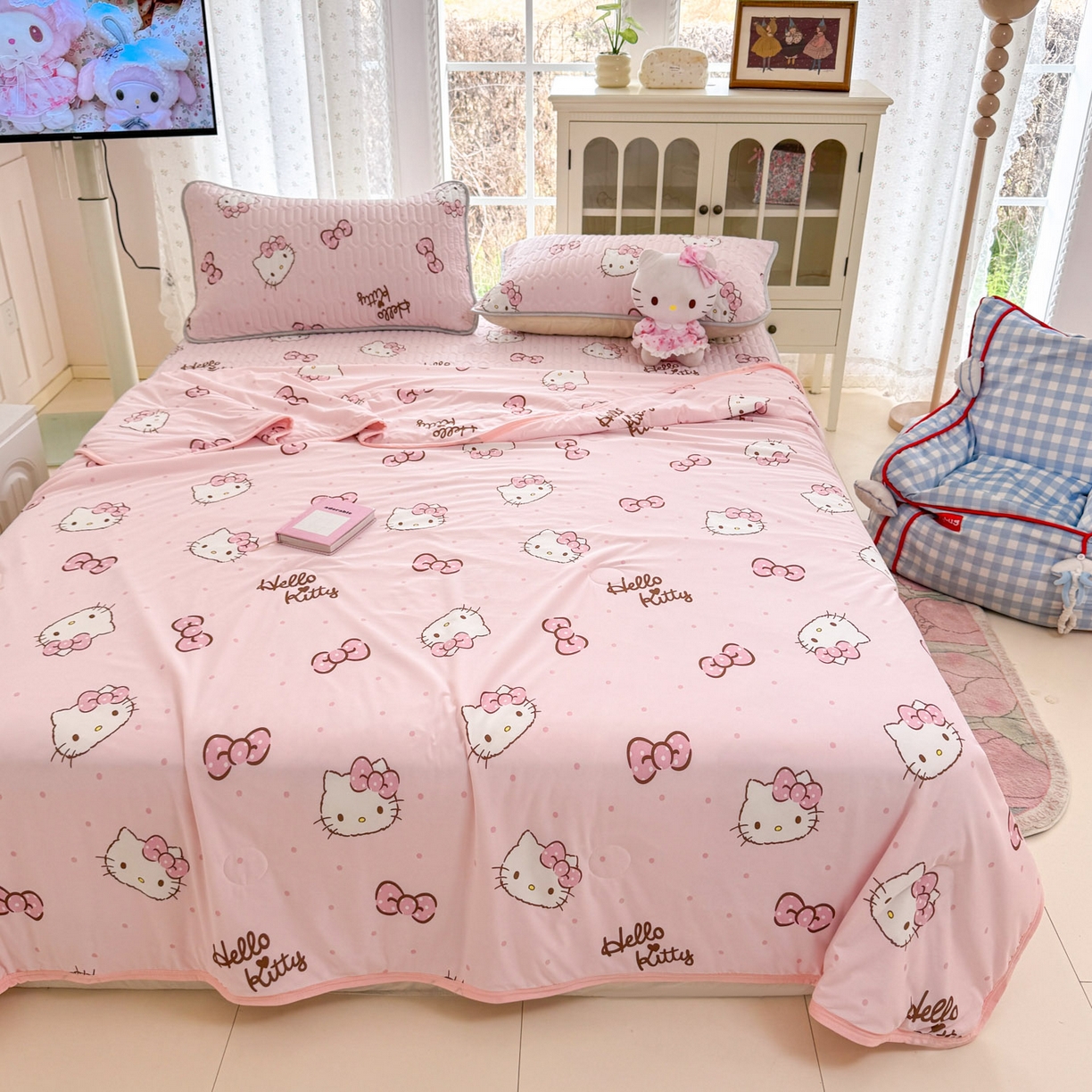 91家纺网 家纺一手货源 找家纺 博雅 2026新款三丽鸥A类仿锦氨组合小冰皮夏被夏凉被空调被凉席席子 小版-蝴蝶结KT