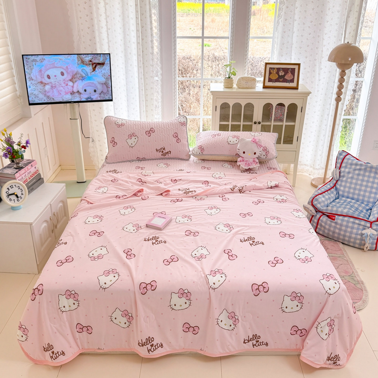 91家纺网 家纺一手货源 找家纺 博雅 2026新款三丽鸥A类仿锦氨组合小冰皮夏被夏凉被空调被凉席席子 小版-蝴蝶结KT