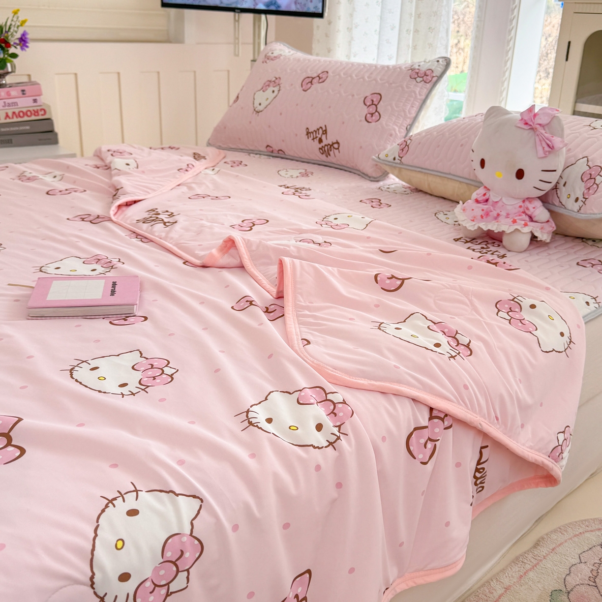 91家纺网 家纺一手货源 找家纺 博雅 2026新款三丽鸥A类仿锦氨组合小冰皮夏被夏凉被空调被凉席席子 小版-蝴蝶结KT