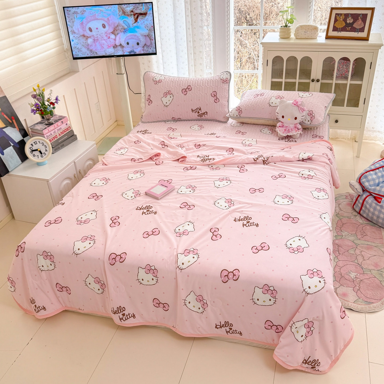 91家纺网 家纺一手货源 找家纺 博雅 2026新款三丽鸥A类仿锦氨组合小冰皮夏被夏凉被空调被凉席席子 小版-蝴蝶结KT