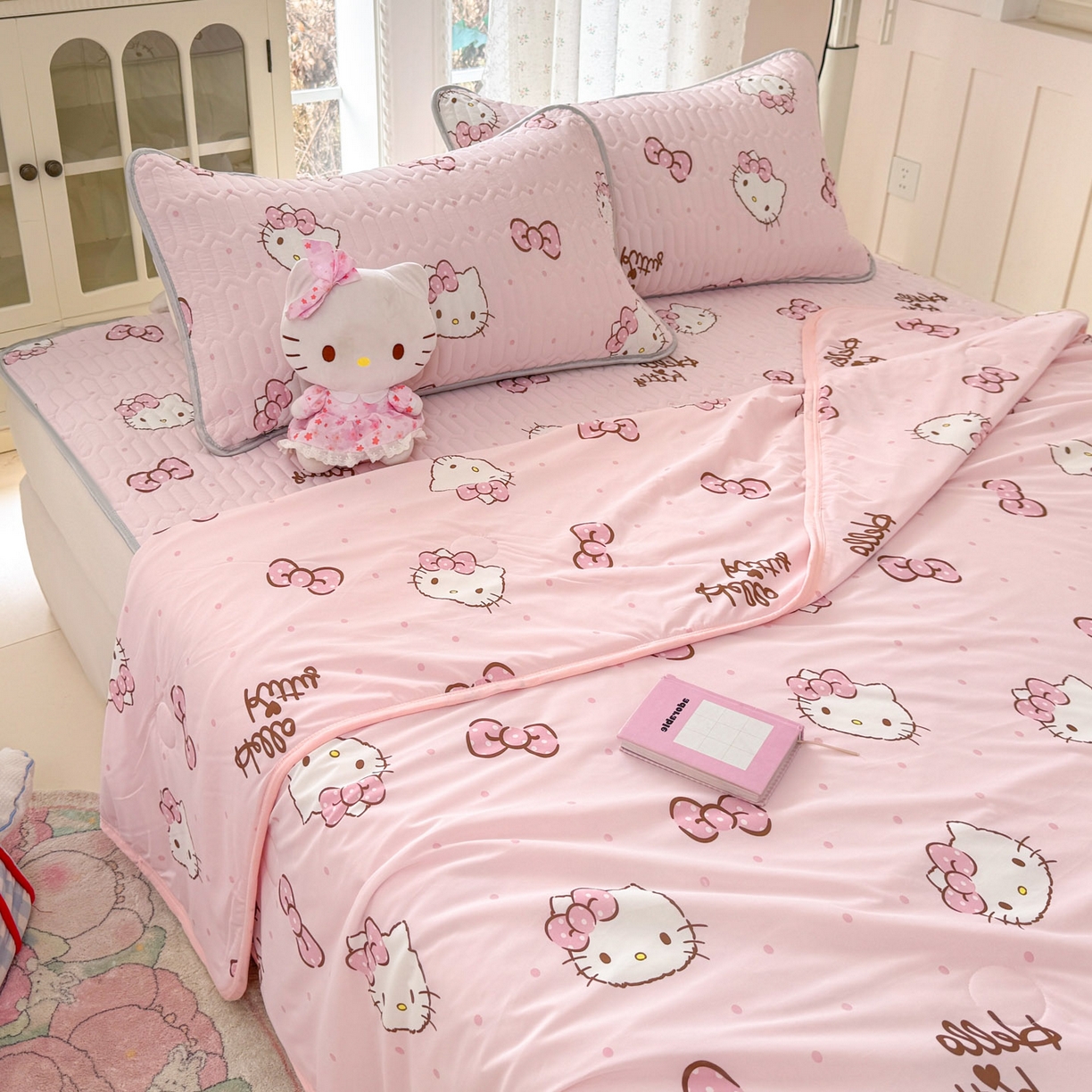 91家纺网 家纺一手货源 找家纺 博雅 2026新款三丽鸥A类仿锦氨组合小冰皮夏被夏凉被空调被凉席席子 小版-蝴蝶结KT