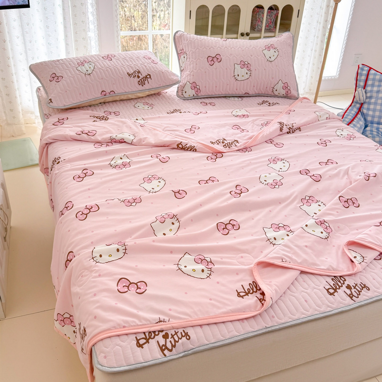 91家纺网 家纺一手货源 找家纺 博雅 2026新款三丽鸥A类仿锦氨组合小冰皮夏被夏凉被空调被凉席席子 小版-蝴蝶结KT