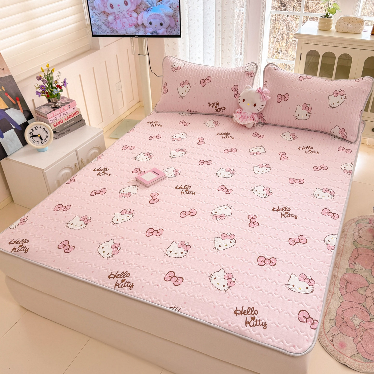 91家纺网 家纺一手货源 找家纺 博雅 2026新款三丽鸥A类仿锦氨组合小冰皮夏被夏凉被空调被凉席席子 小版-蝴蝶结KT