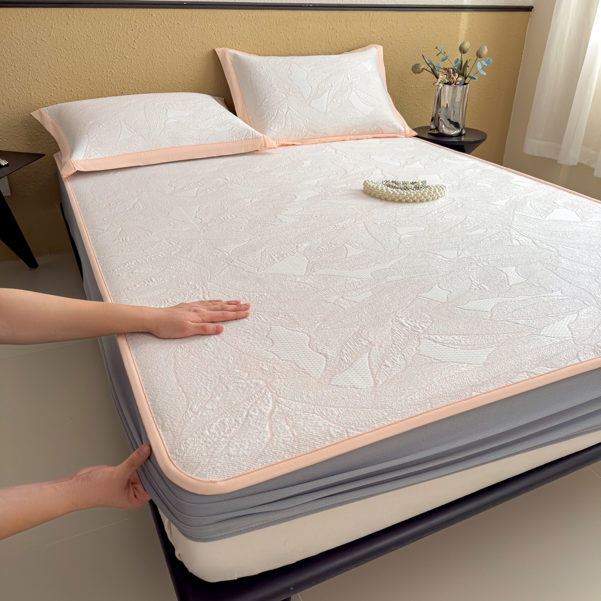 耀悦家纺 2026年新款乙纶华夫格冰丝凉席床笠款ins风轻奢简约风凉席席子 家大叶大-贝壳粉-床笠款