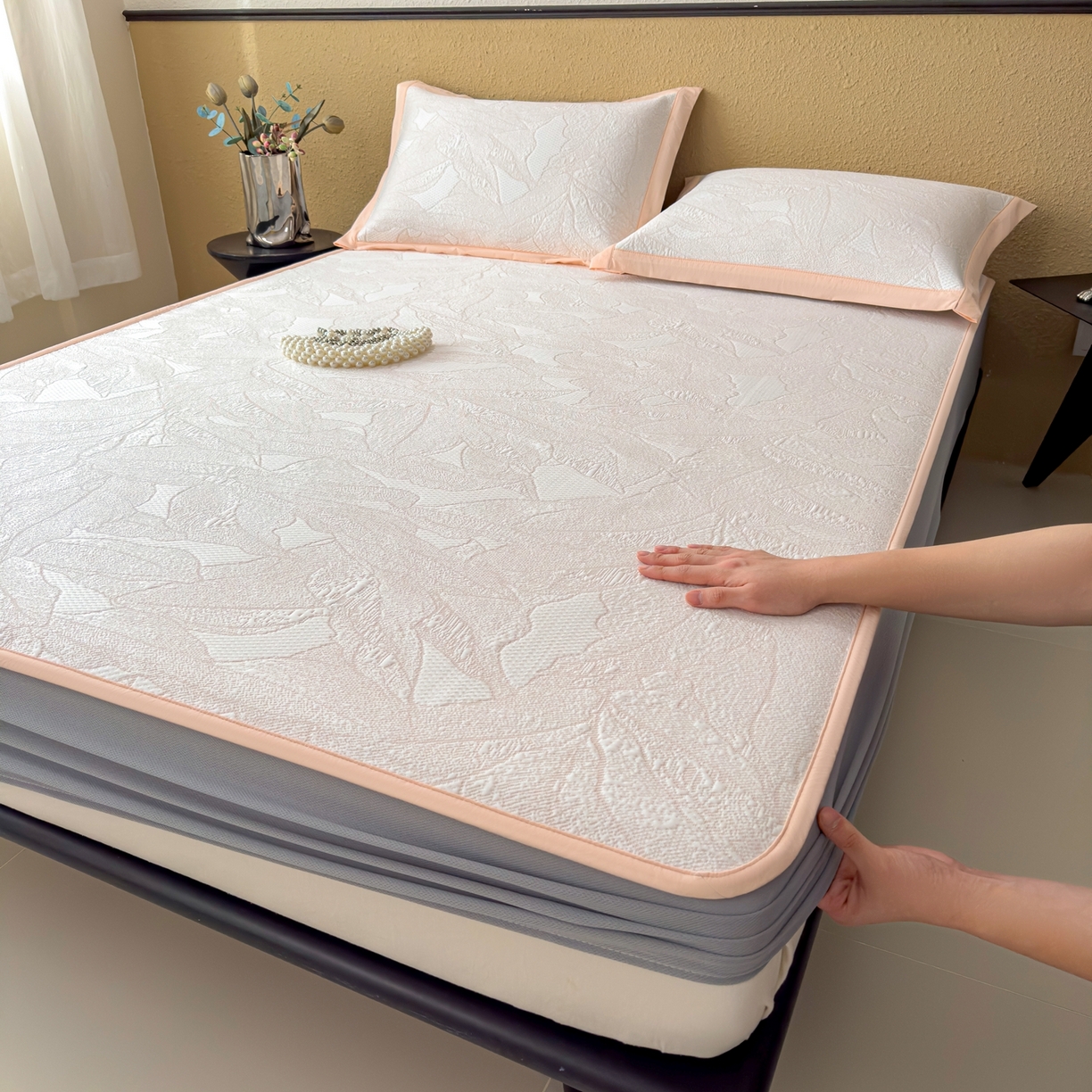 91家纺网 家纺一手货源 找家纺 耀悦家纺 2026年新款乙纶华夫格冰丝凉席床笠款ins风轻奢简约风凉席席子 家大叶大-贝壳粉-床笠款