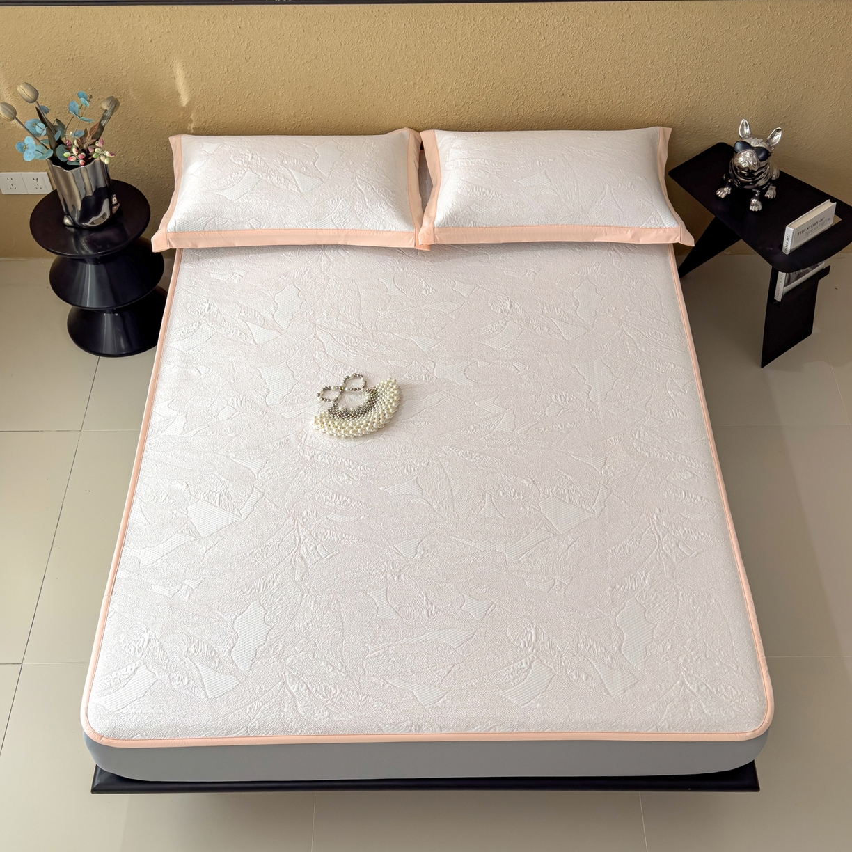 91家纺网 家纺一手货源 找家纺 耀悦家纺 2026年新款乙纶华夫格冰丝凉席床笠款ins风轻奢简约风凉席席子 家大叶大-贝壳粉-床笠款