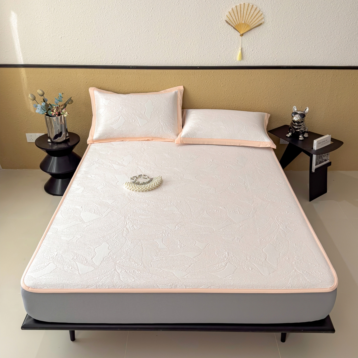 91家纺网 家纺一手货源 找家纺 耀悦家纺 2026年新款乙纶华夫格冰丝凉席床笠款ins风轻奢简约风凉席席子 家大叶大-贝壳粉-床笠款