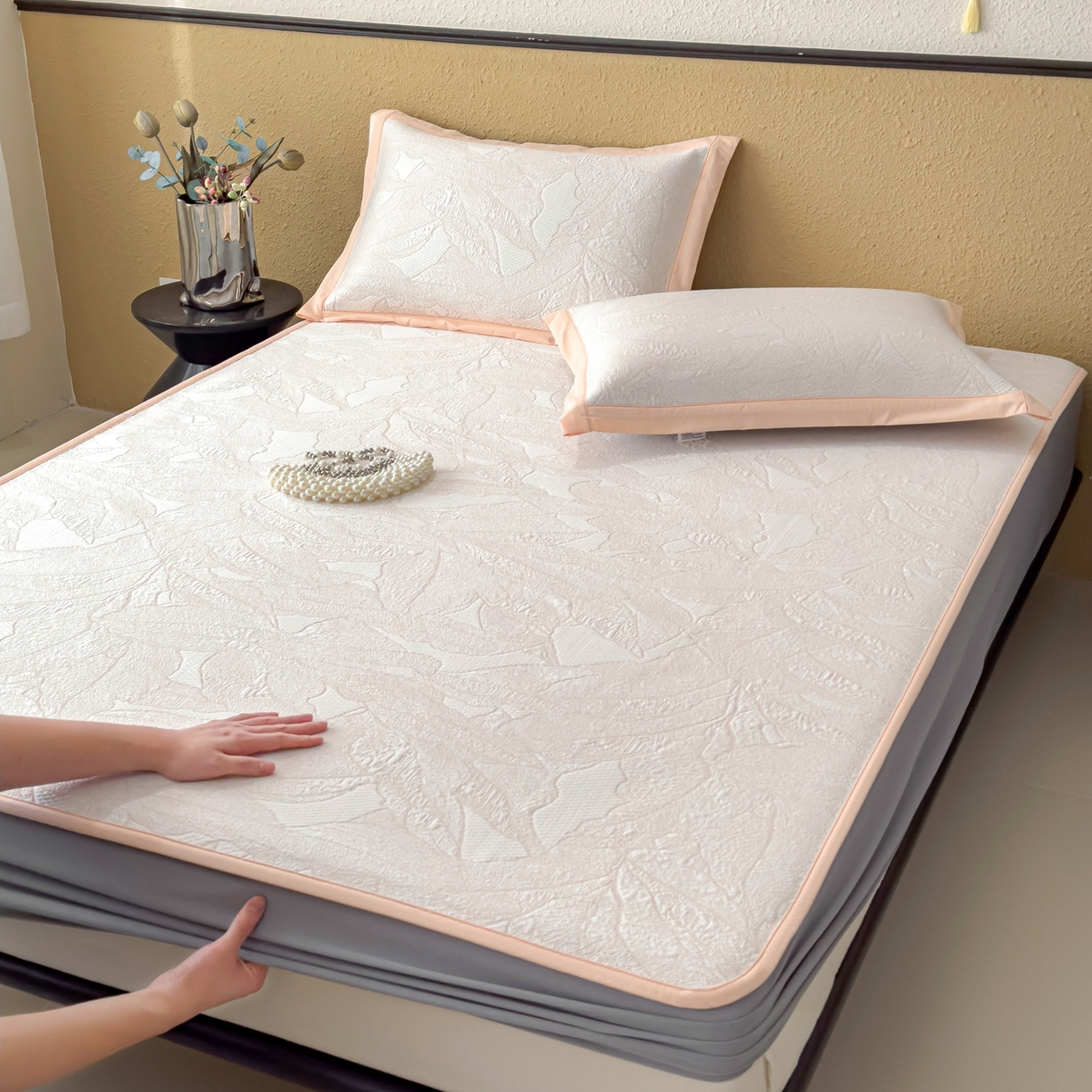 91家纺网 家纺一手货源 找家纺 耀悦家纺 2026年新款乙纶华夫格冰丝凉席床笠款ins风轻奢简约风凉席席子 家大叶大-贝壳粉-床笠款