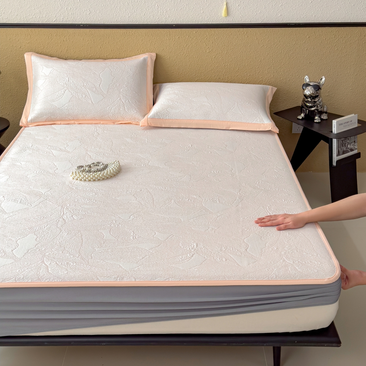 91家纺网 家纺一手货源 找家纺 耀悦家纺 2026年新款乙纶华夫格冰丝凉席床笠款ins风轻奢简约风凉席席子 家大叶大-贝壳粉-床笠款