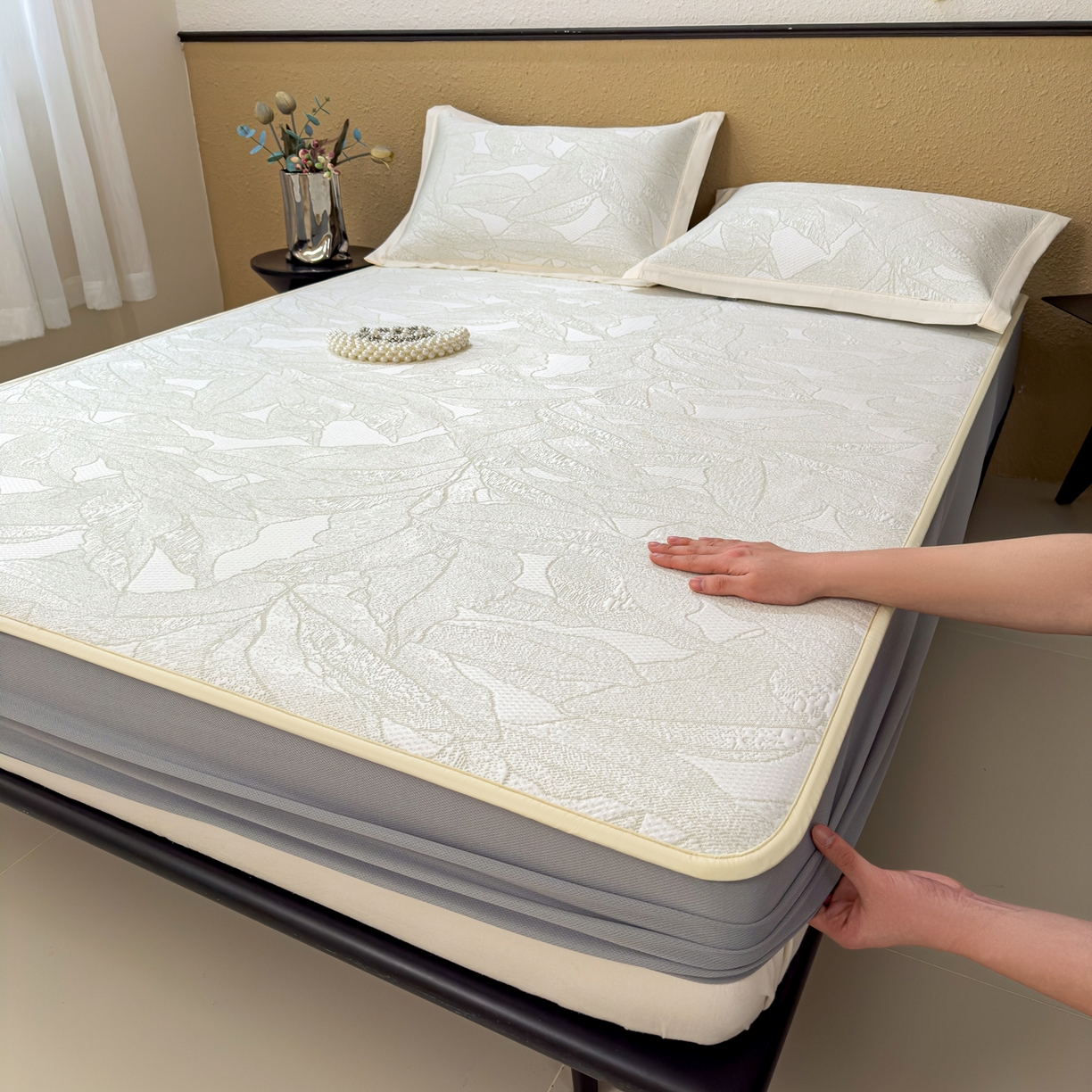 91家纺网 家纺一手货源 找家纺 耀悦家纺 2026年新款乙纶华夫格冰丝凉席床笠款ins风轻奢简约风凉席席子 家大叶大-松果绿-床笠款