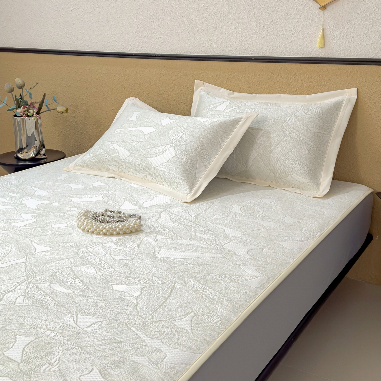 91家纺网 家纺一手货源 找家纺 耀悦家纺 2026年新款乙纶华夫格冰丝凉席床笠款ins风轻奢简约风凉席席子 家大叶大-松果绿-床笠款