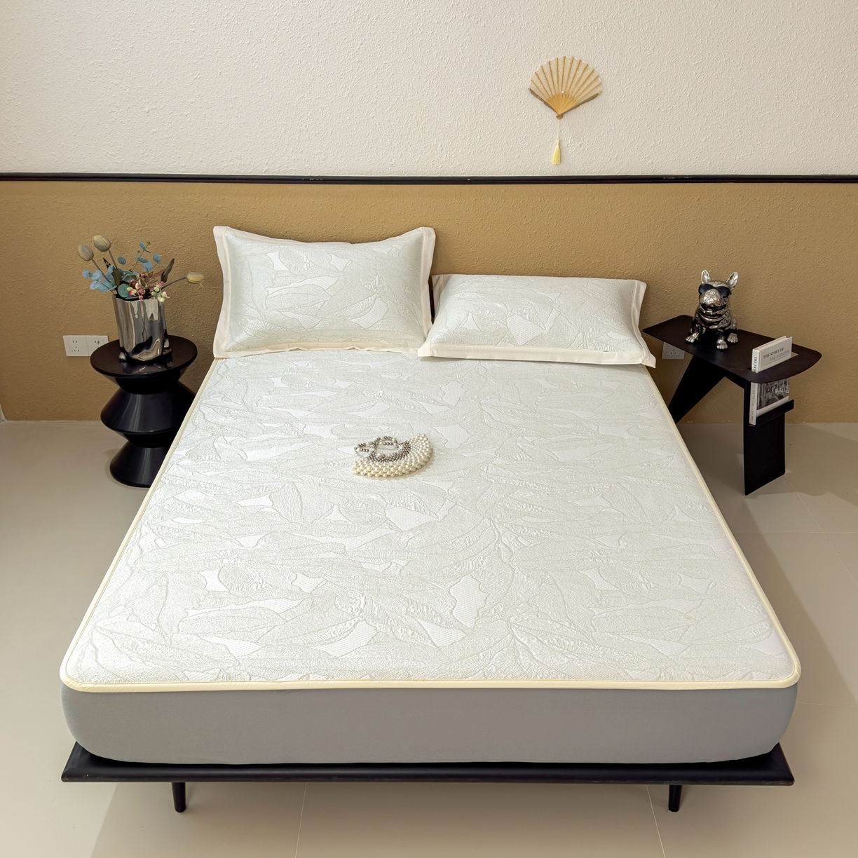 91家纺网 家纺一手货源 找家纺 耀悦家纺 2026年新款乙纶华夫格冰丝凉席床笠款ins风轻奢简约风凉席席子 家大叶大-松果绿-床笠款