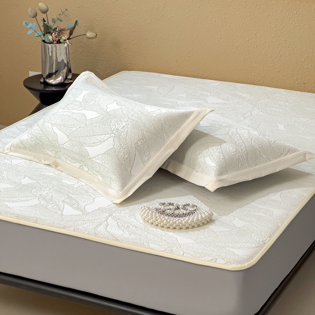 91家纺网 家纺一手货源 找家纺 耀悦家纺 2026年新款乙纶华夫格冰丝凉席床笠款ins风轻奢简约风凉席席子 家大叶大-松果绿-床笠款