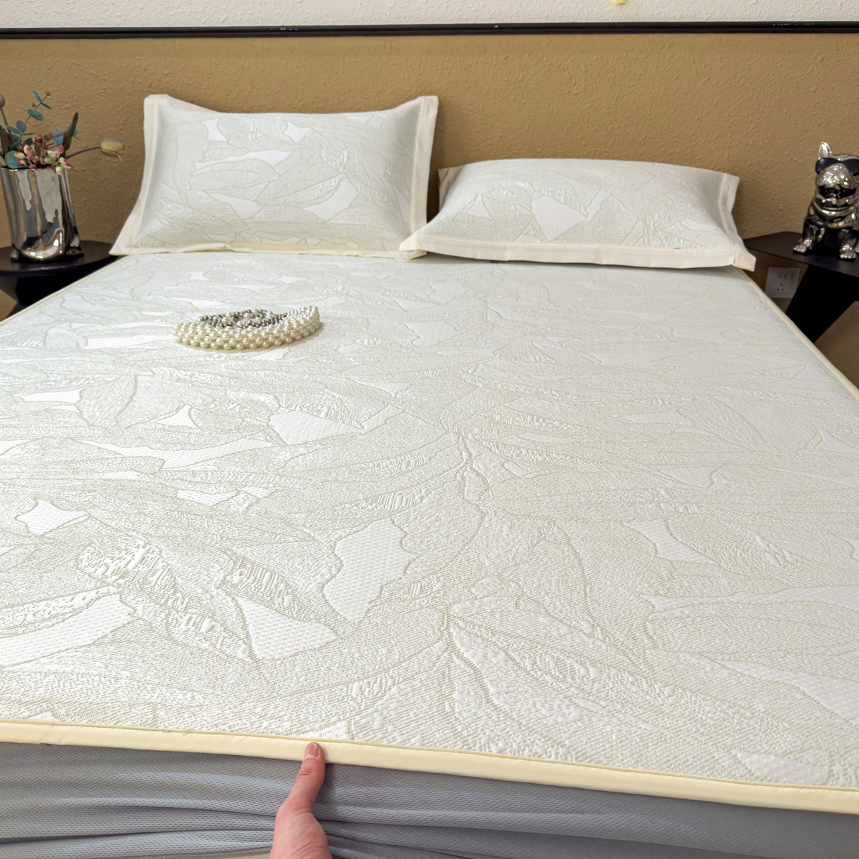 91家纺网 家纺一手货源 找家纺 耀悦家纺 2026年新款乙纶华夫格冰丝凉席床笠款ins风轻奢简约风凉席席子 家大叶大-松果绿-床笠款