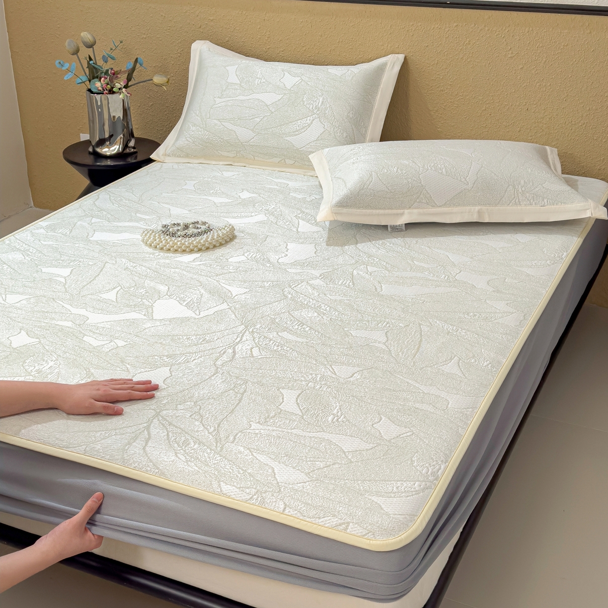 91家纺网 家纺一手货源 找家纺 耀悦家纺 2026年新款乙纶华夫格冰丝凉席床笠款ins风轻奢简约风凉席席子 家大叶大-松果绿-床笠款