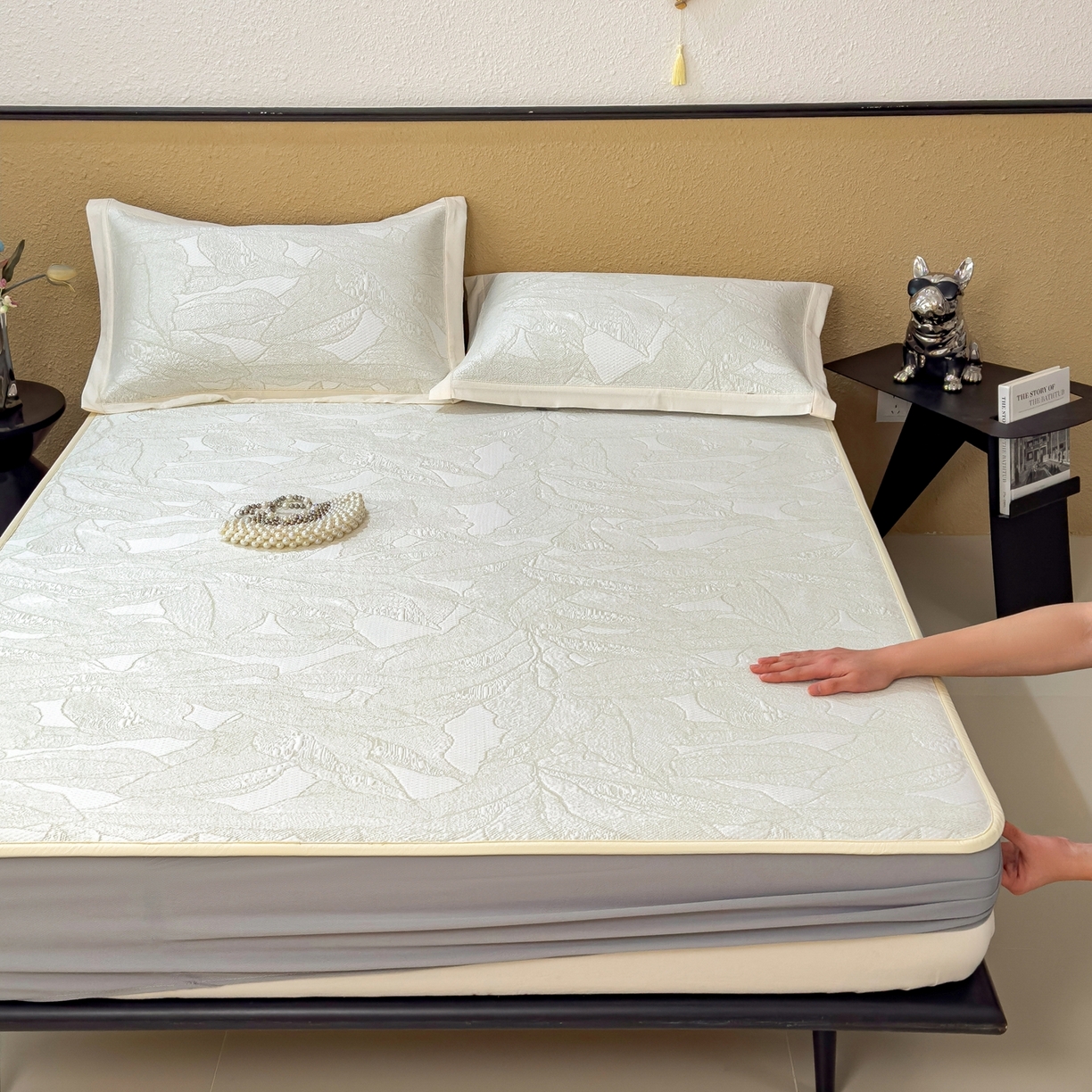 91家纺网 家纺一手货源 找家纺 耀悦家纺 2026年新款乙纶华夫格冰丝凉席床笠款ins风轻奢简约风凉席席子 家大叶大-松果绿-床笠款