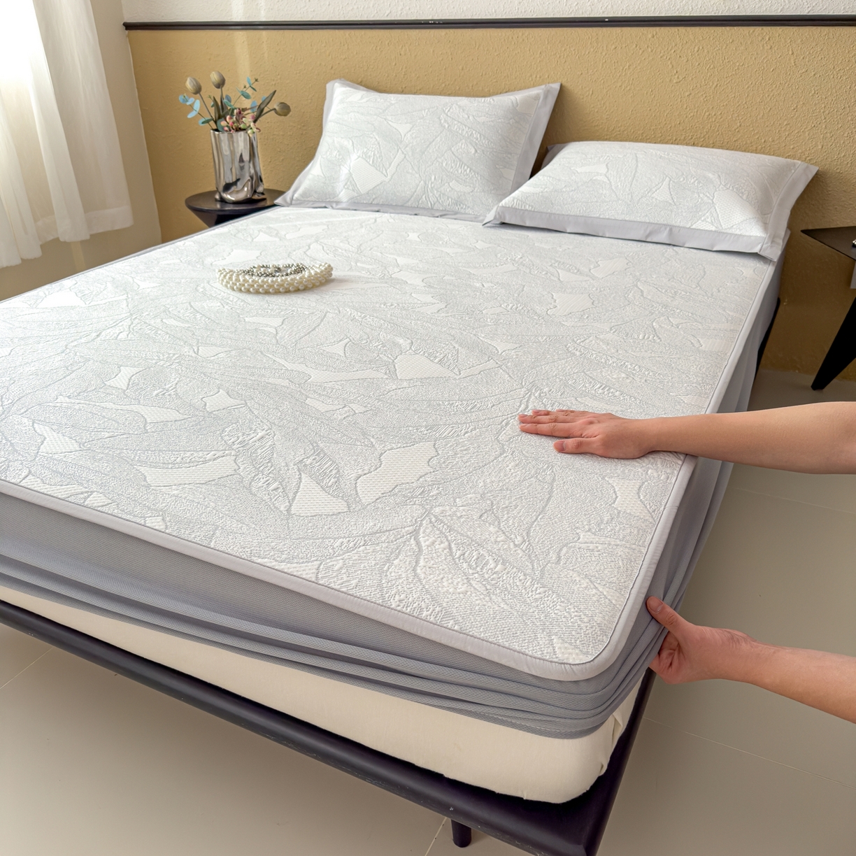 91家纺网 家纺一手货源 找家纺 耀悦家纺 2026年新款乙纶华夫格冰丝凉席床笠款ins风轻奢简约风凉席席子 家大叶大-天空蓝-床笠款