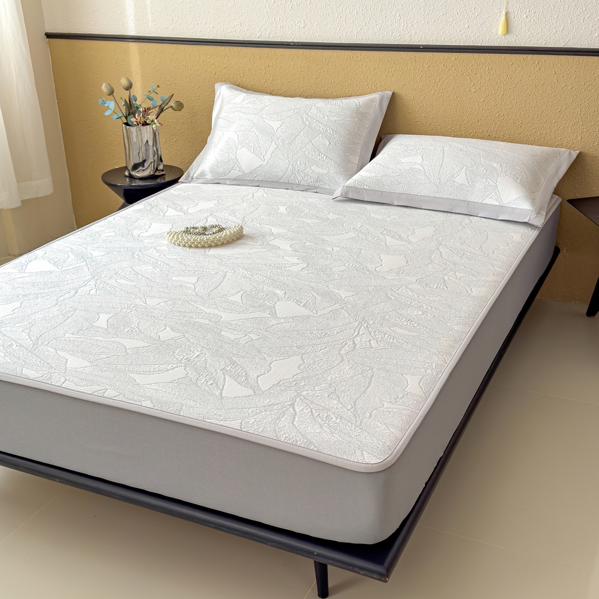 91家纺网 家纺一手货源 找家纺 耀悦家纺 2026年新款乙纶华夫格冰丝凉席床笠款ins风轻奢简约风凉席席子 家大叶大-天空蓝-床笠款